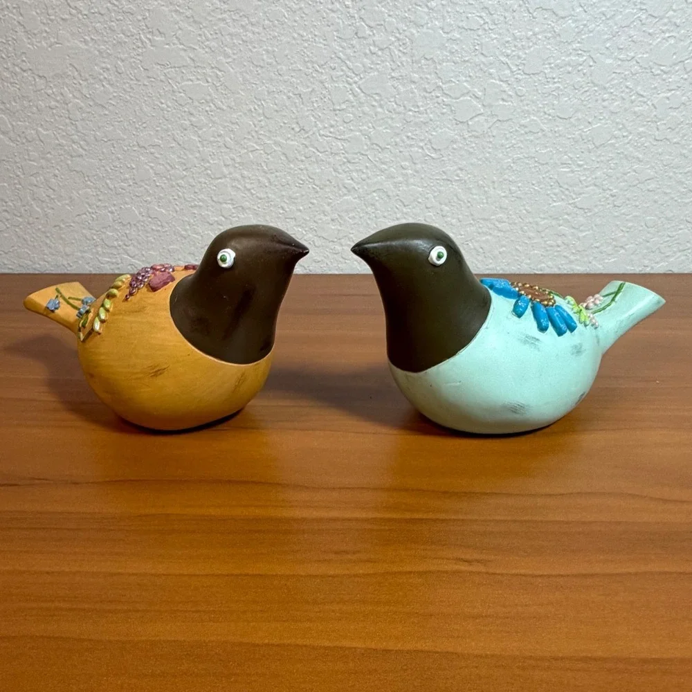 Decorative Resin Bird Figurines Set of 2 Floral Beadwork Folk Art Blue Yellow